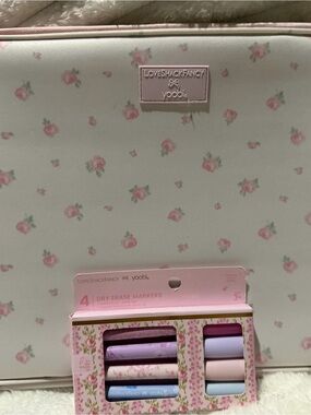 NWT LoveShackFancy Cream and Pink Rose Print Laptop Sleeve & dry erase markers